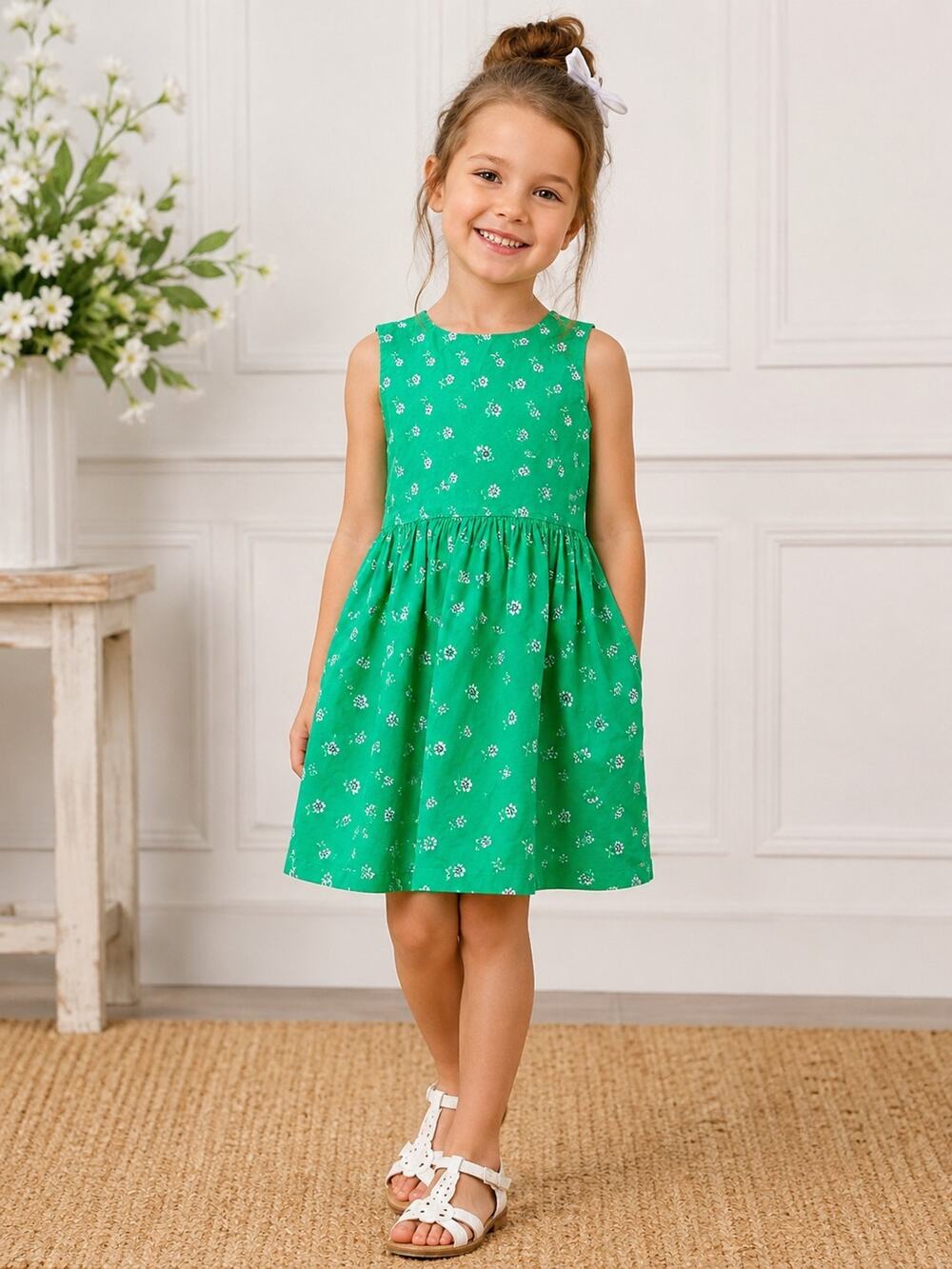 Crewcuts by J.Crew Girls Green Floral Sleeveless Dress Size 4